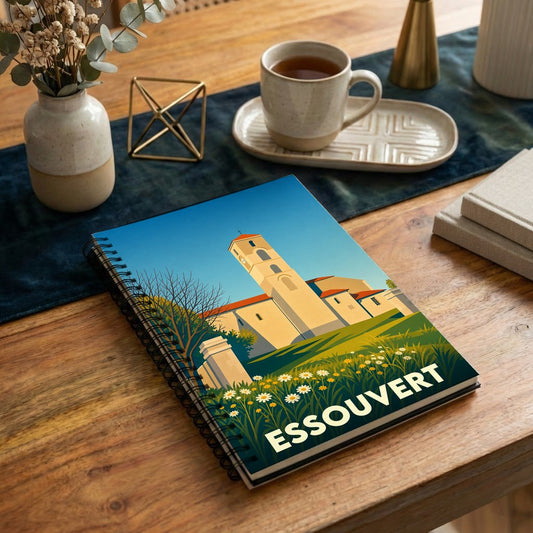 Carnet à spirales souvenir de la ville d'Essouvert avec une illustration stylisée de son église.