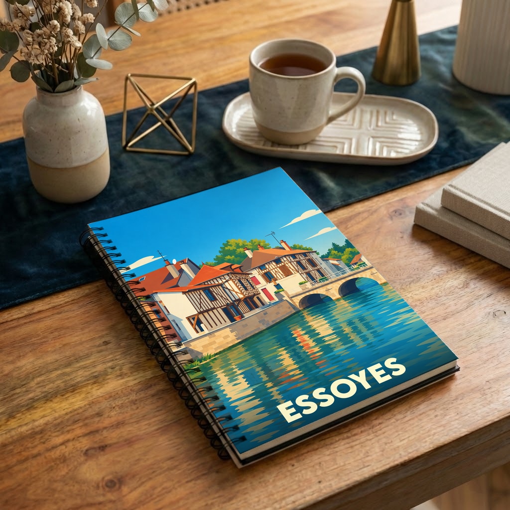 Carnet souvenir de la ville d'Essoyes avec une illustration stylisée d'un paysage urbain au bord de l'eau.