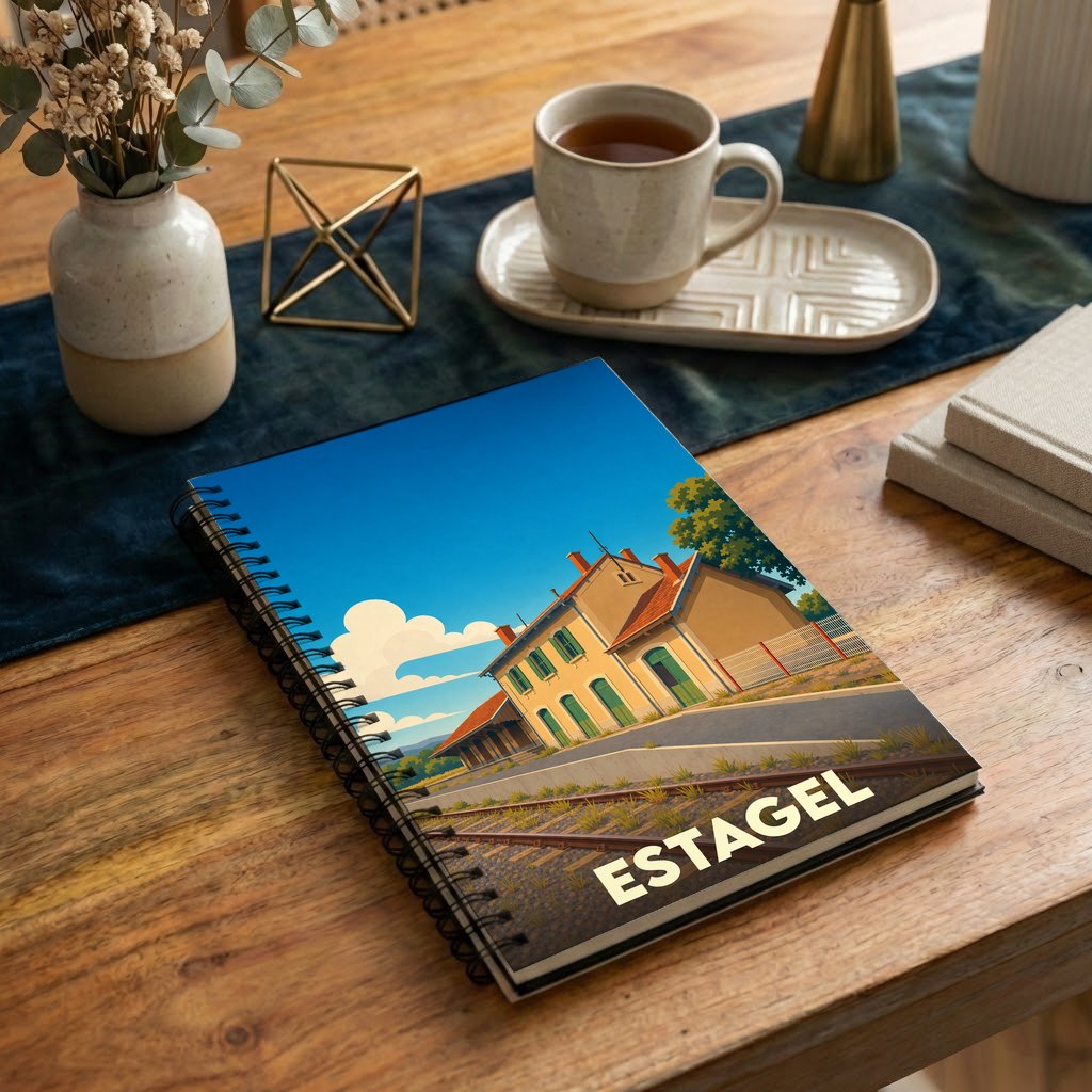 Carnet souvenir de la ville de Estagel avec une illustration stylisée de sa gare ferroviaire.