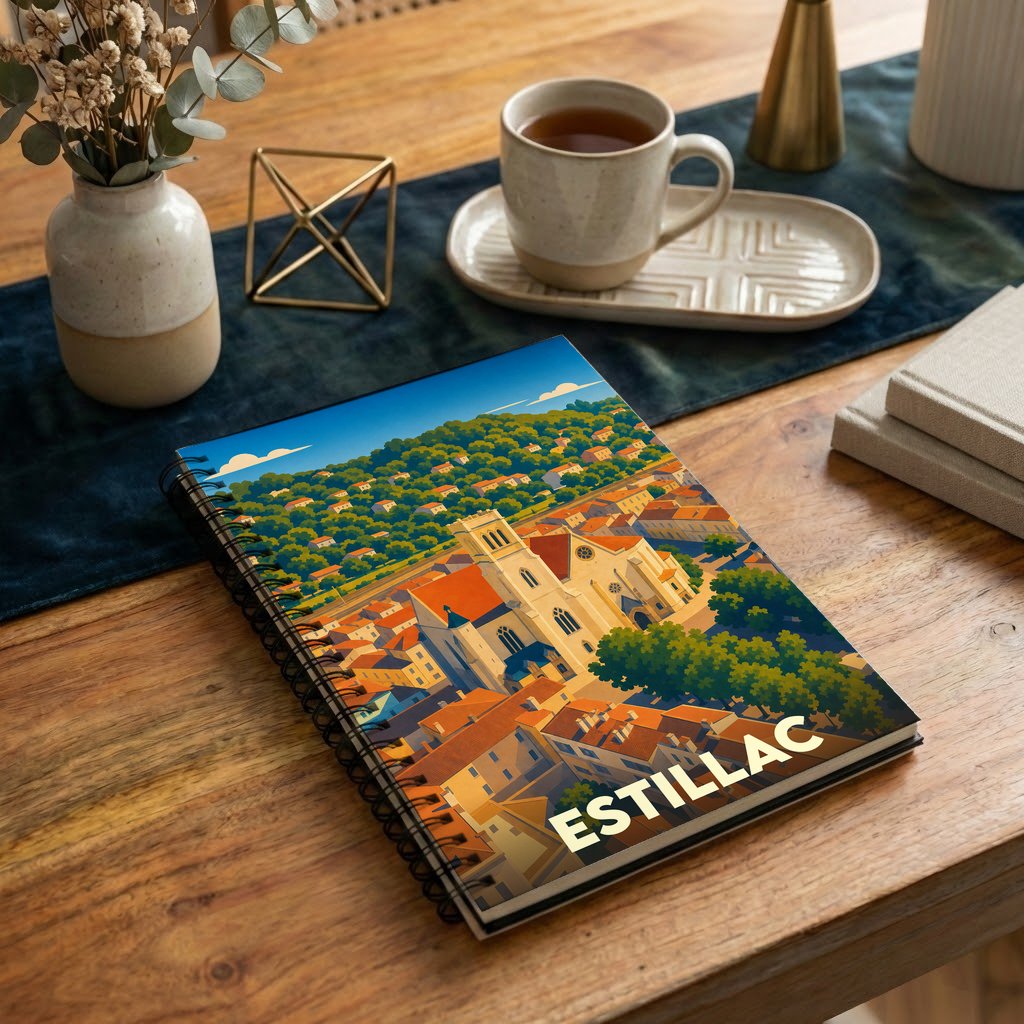 Carnet souvenir de la ville d'Estillac avec une illustration stylisée.