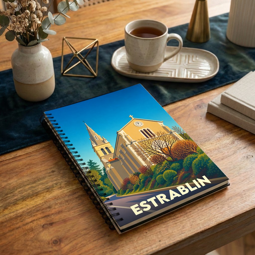 Carnet à spirales souvenir de la ville d'Estrablin avec une illustration stylisée de son église.