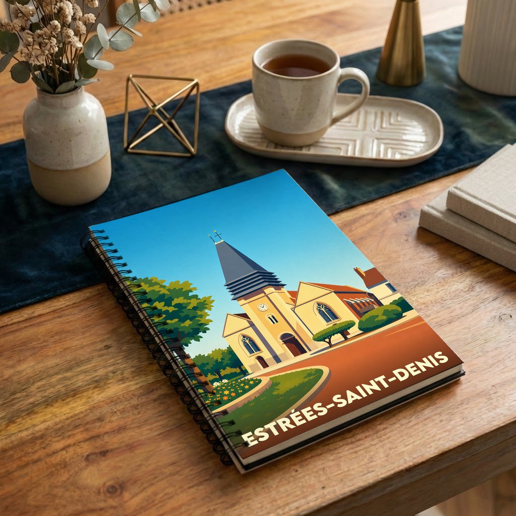 Carnet souvenir de la ville d'Estrées-Saint-Denis avec une illustration stylisée de son église.