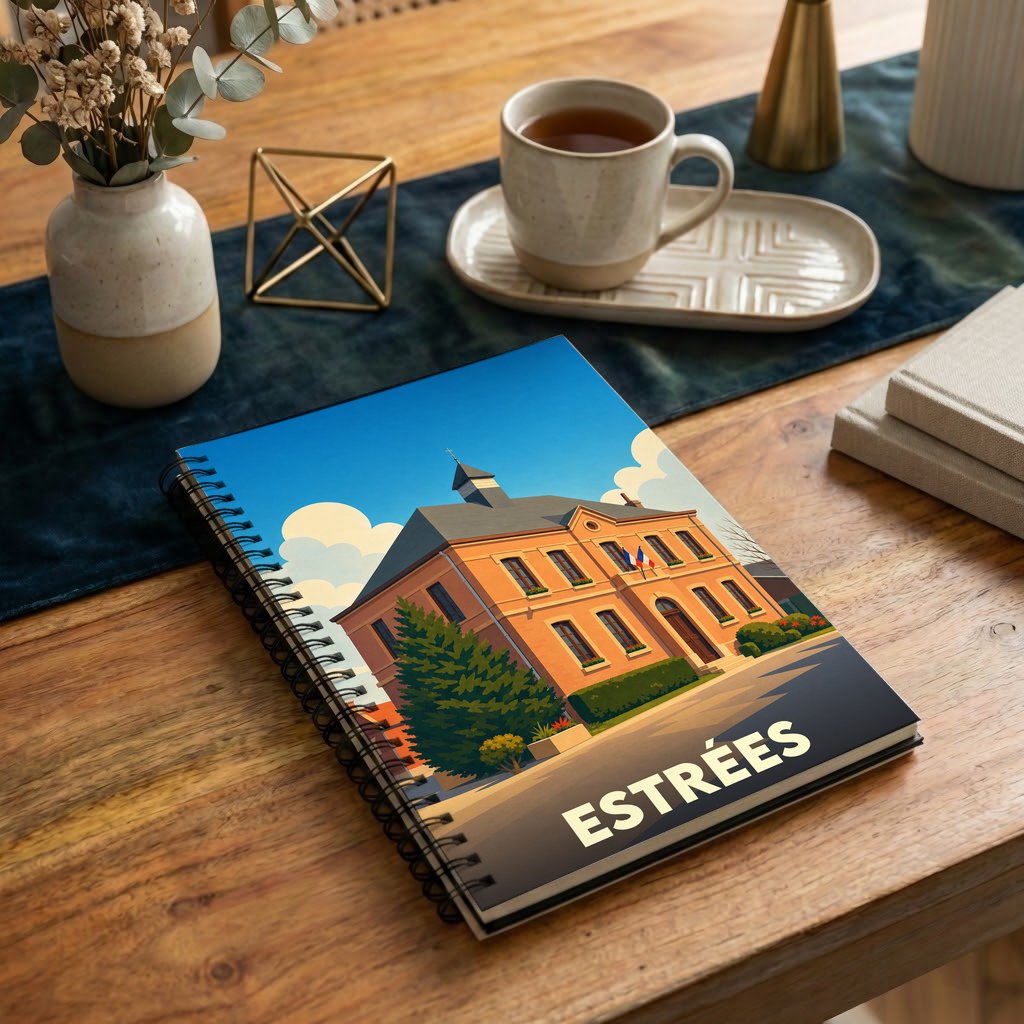 Carnet à spirales souvenir de la ville d'Estrées orné d'une illustration stylisée de sa mairie.