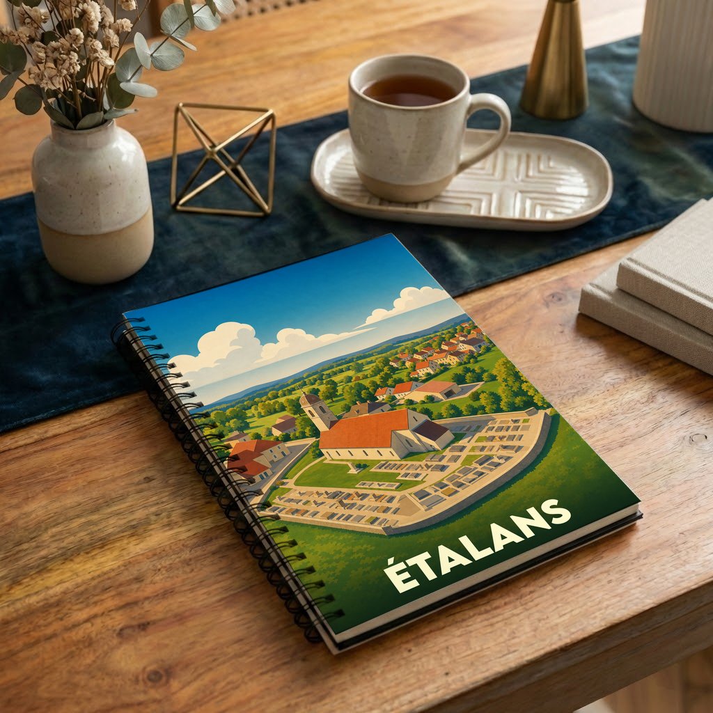 Carnet à spirale souvenir de la ville d’Étalans avec une illustration stylisée de son église et du paysage environnant.