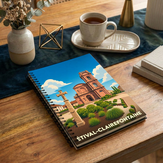 Carnet à spirales souvenir de la ville d'Étival-Clairefontaine avec une illustration stylisée de son église et d'une croix monumentale.