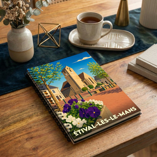 Carnet de notes souvenir de la ville d'Étival-lès-le-Mans orné d'une illustration stylisée de son église et de fleurs colorées.