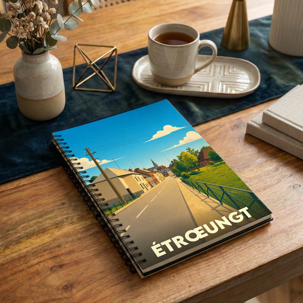 Carnet souvenir de la ville de Étrœungt avec une illustration stylisée d'une rue ensoleillée.