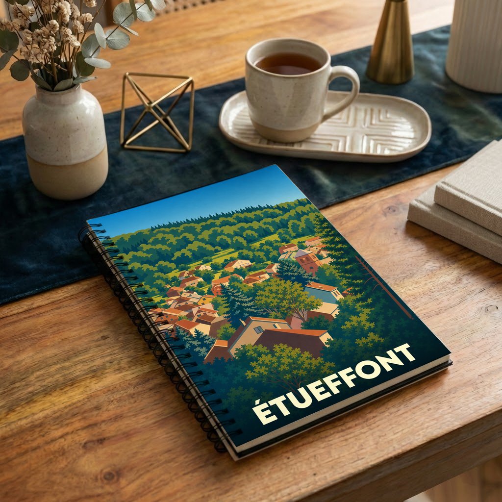 Carnet à spirales souvenir de la ville de Étueffont avec une illustration stylisée de ses paysages.