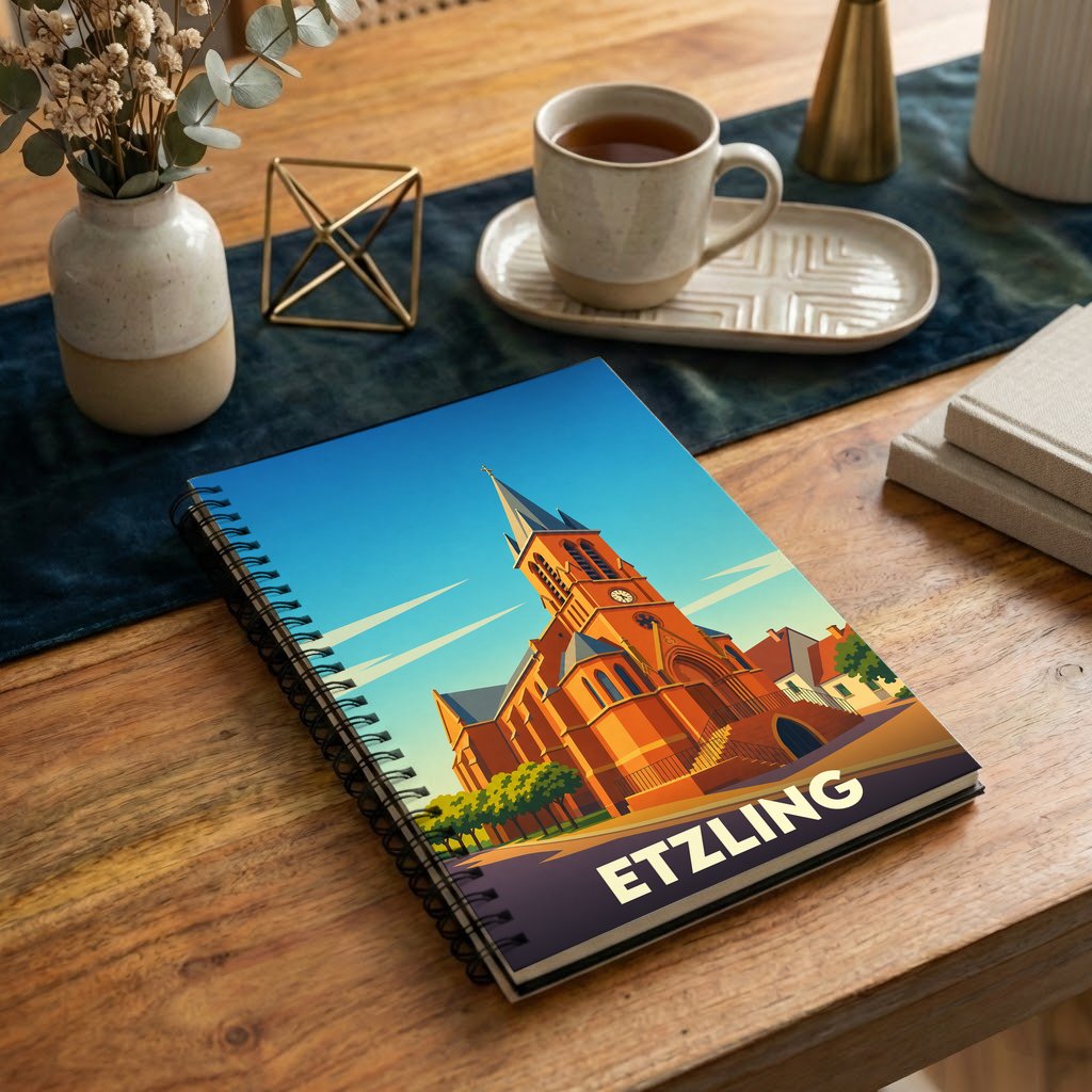 Carnet souvenir de la ville d'Etzling avec une illustration stylisée de son église.