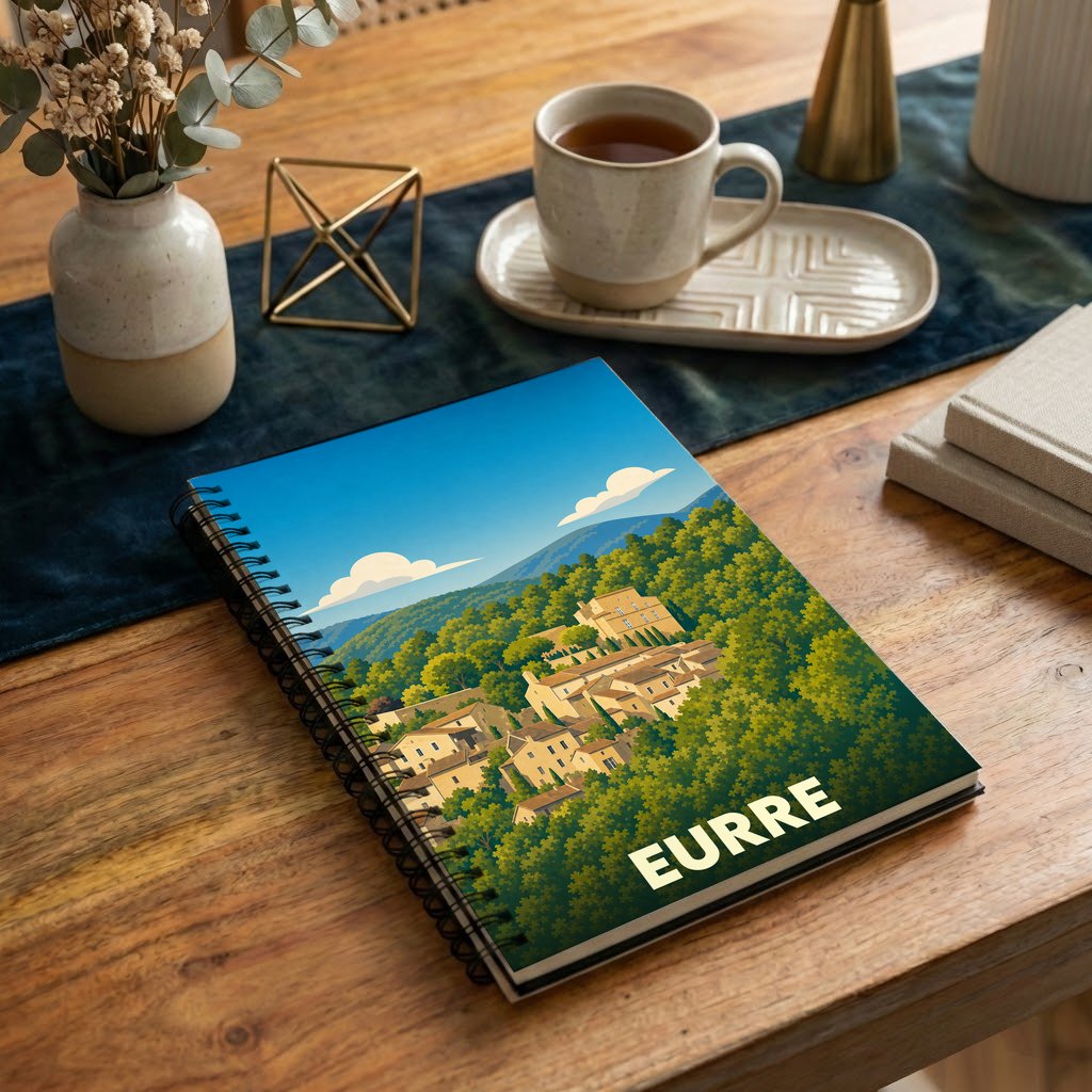 Carnet à spirales souvenir de la ville d'Eurre avec une illustration stylisée d'un village perché dans une forêt.