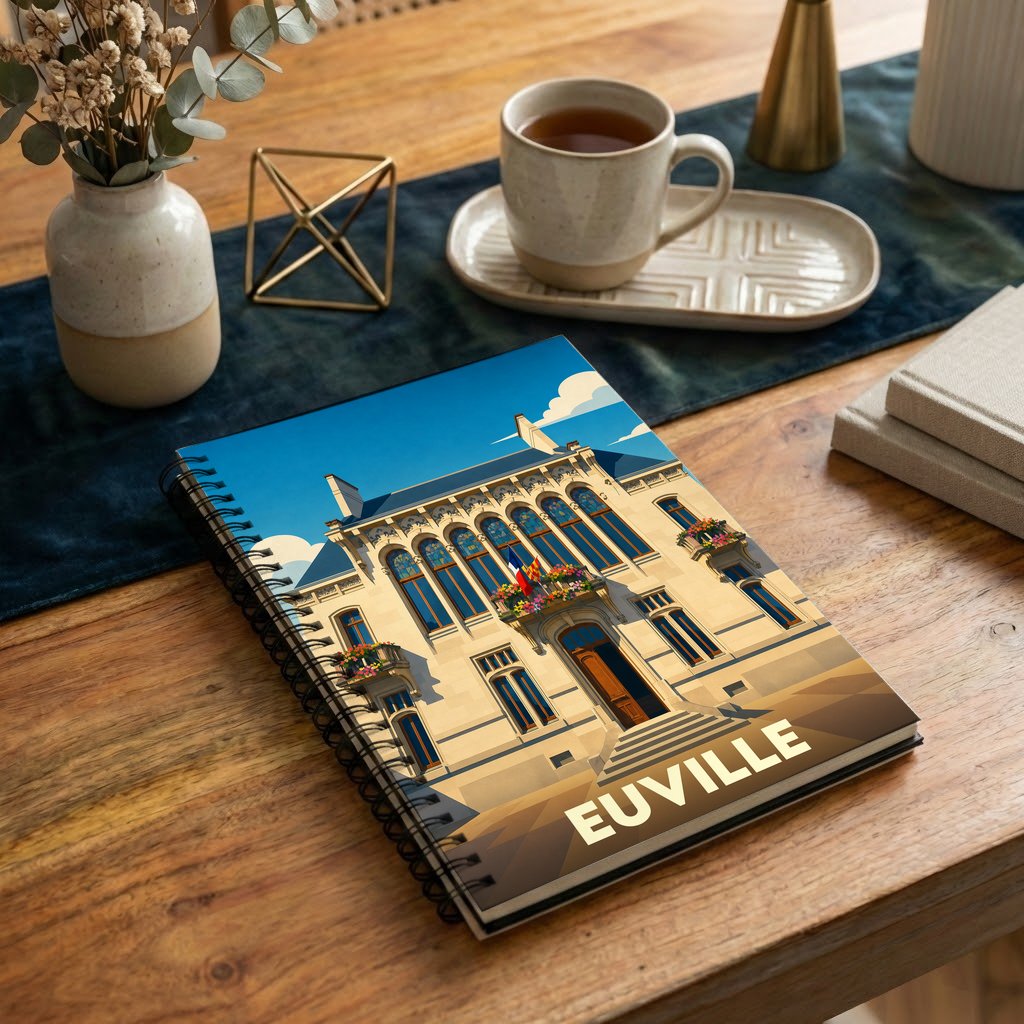 Carnet à spirales souvenir de la ville d'Euville avec une illustration stylisée de son hôtel de ville.