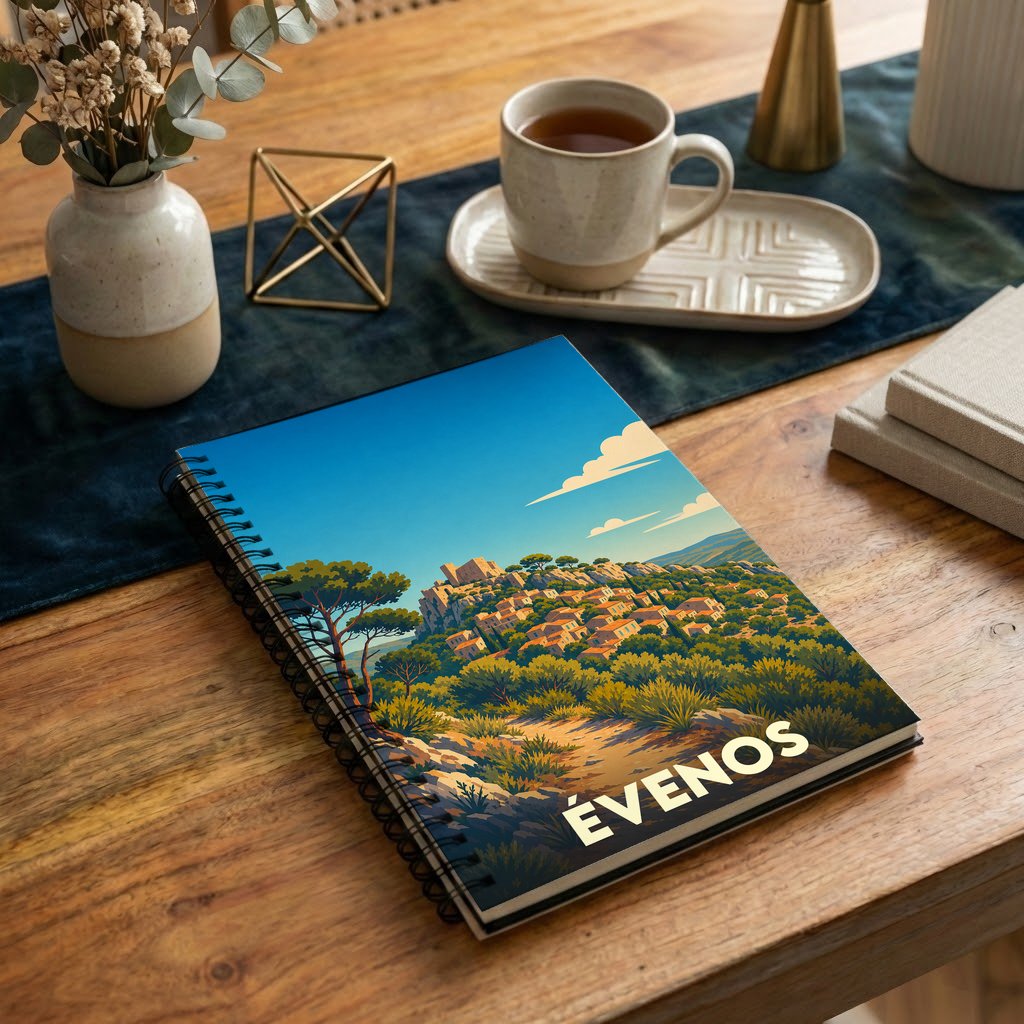 Carnet à spirales souvenir de la ville d'Évenos avec une illustration stylisée de son village perché.