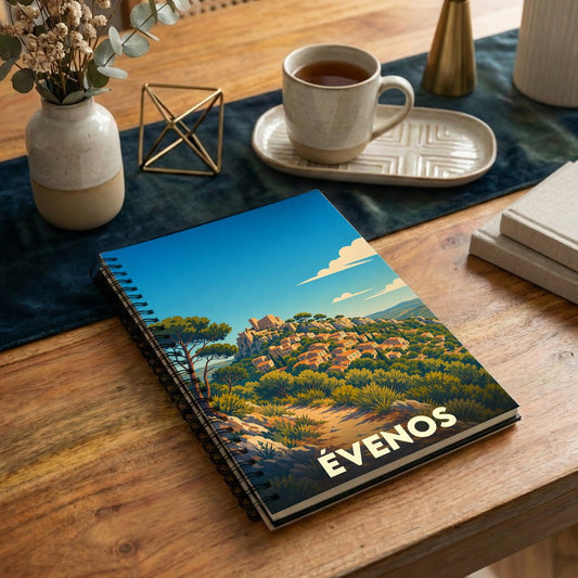 Carnet à spirales souvenir de la ville d'Évenos avec une illustration stylisée de son village perché.