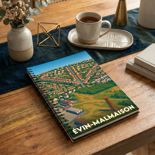 Carnet souvenir de la ville d'Évin-Malmaison illustré d'une vue aérienne stylisée de ses corons et de son chevalement.