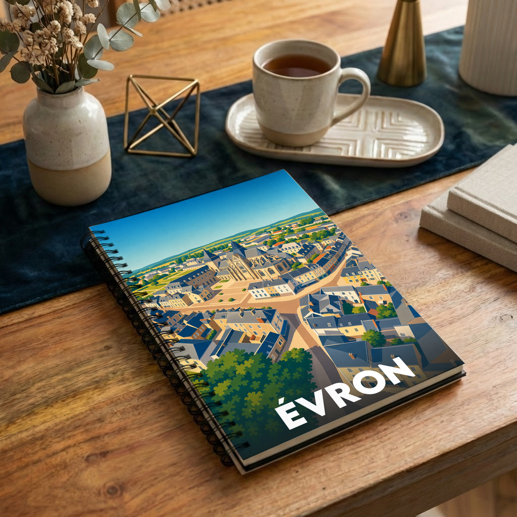 Carnet à spirales souvenir de la ville d'Évron avec une illustration stylisée d'une vue aérienne.