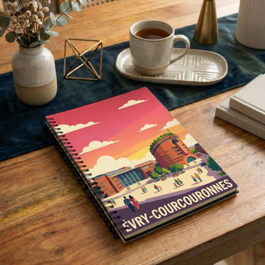 Carnet souvenir d'Évry-Courcouronnes avec une illustration graphique et colorée de la ville.