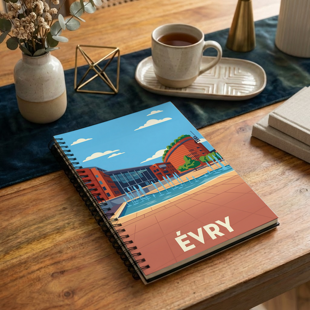 Carnet souvenir de la ville d'Évry avec une illustration stylisée.