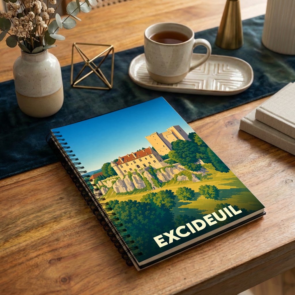 Carnet souvenir de la ville d'Excideuil avec une illustration stylisée de son château.
