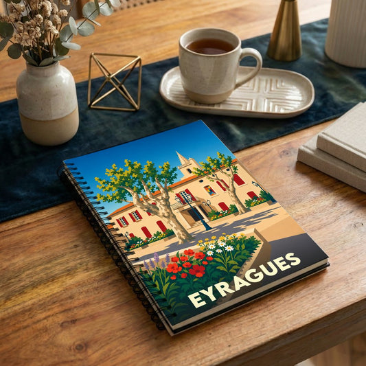 Carnet à spirales souvenir de la ville de Eyragues avec une illustration colorée et stylisée.