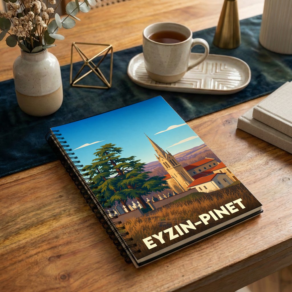 Carnet souvenir de la ville d'Eyzin-Pinet avec une illustration stylisée de son église et de son paysage.