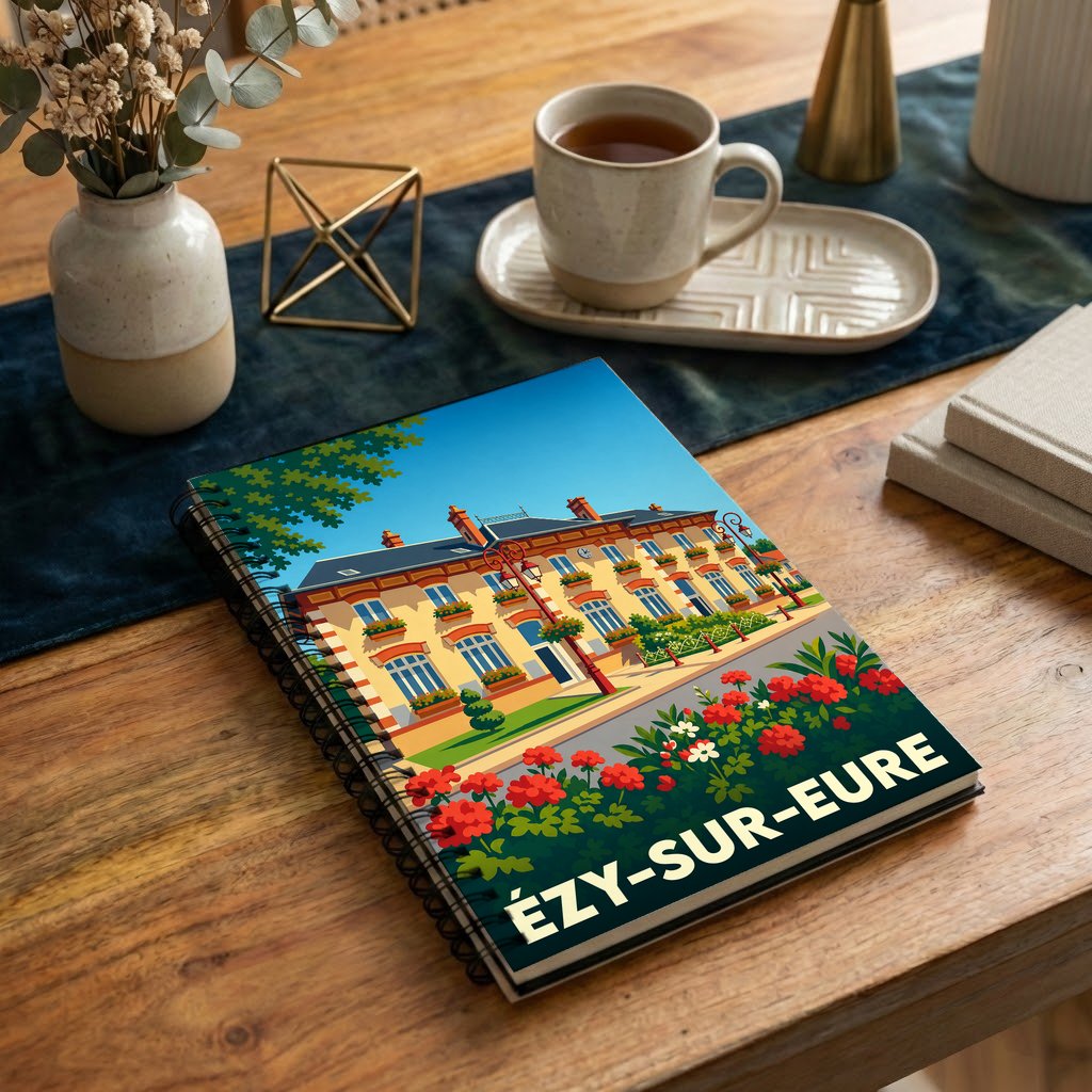 Carnet à spirales souvenir de la ville d’Ézy-sur-Eure avec une illustration colorée et stylisée de son architecture.