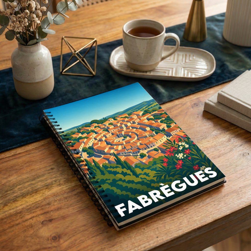 Carnet à spirales souvenir de la ville de Fabrègues avec une illustration stylisée de son centre historique circulaire.