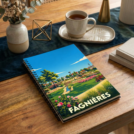 Carnet de notes à spirales souvenir de la ville de Fagnières avec une illustration stylisée de son parc.