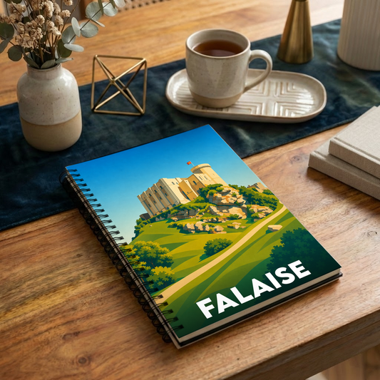 Carnet souvenir de la ville de Falaise illustré d'un dessin stylisé de son château médiéval sur un éperon rocheux.