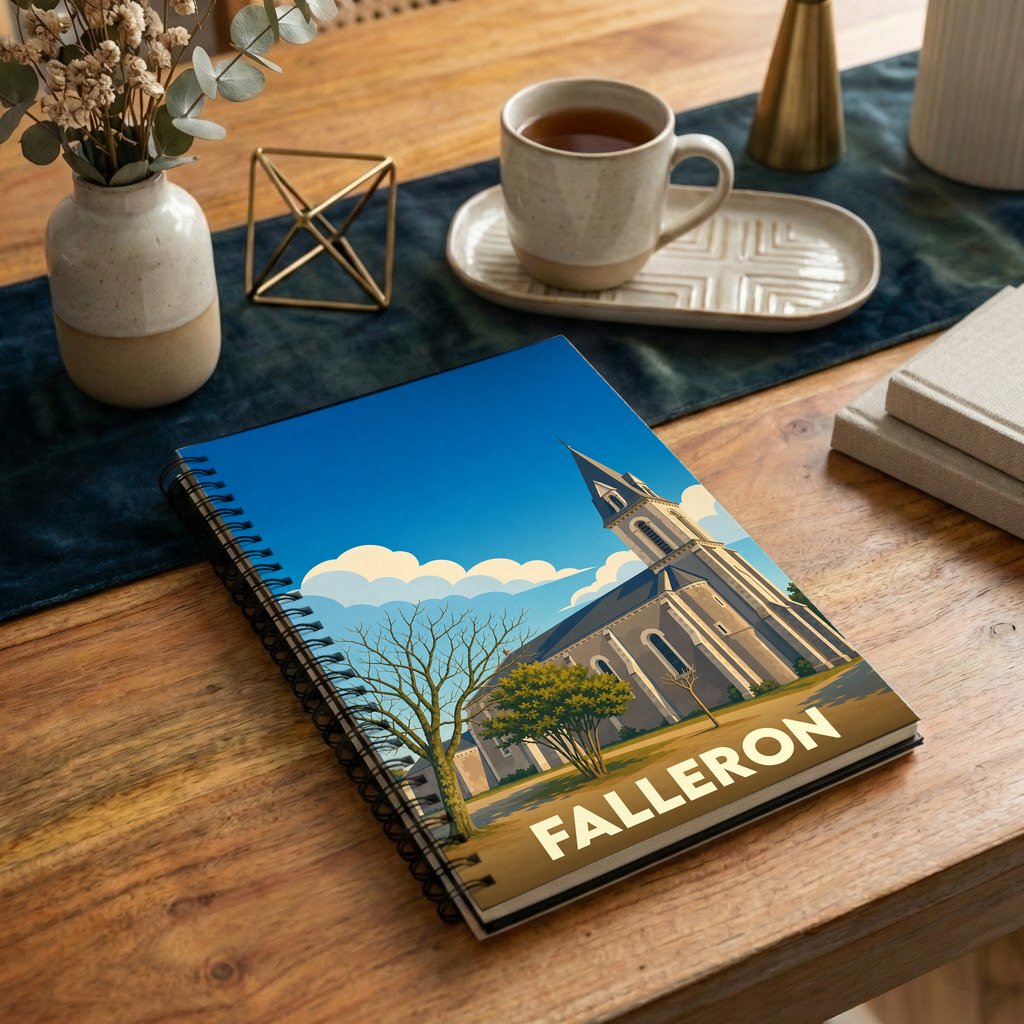 Carnet souvenir de la ville de Falleron avec une illustration stylisée d'une église sous un ciel bleu.