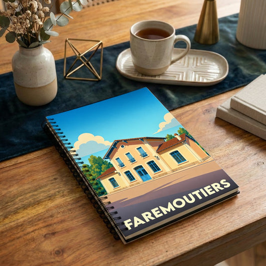 Carnet souvenir de la ville de Faremoutiers avec une illustration stylisée de sa gare.