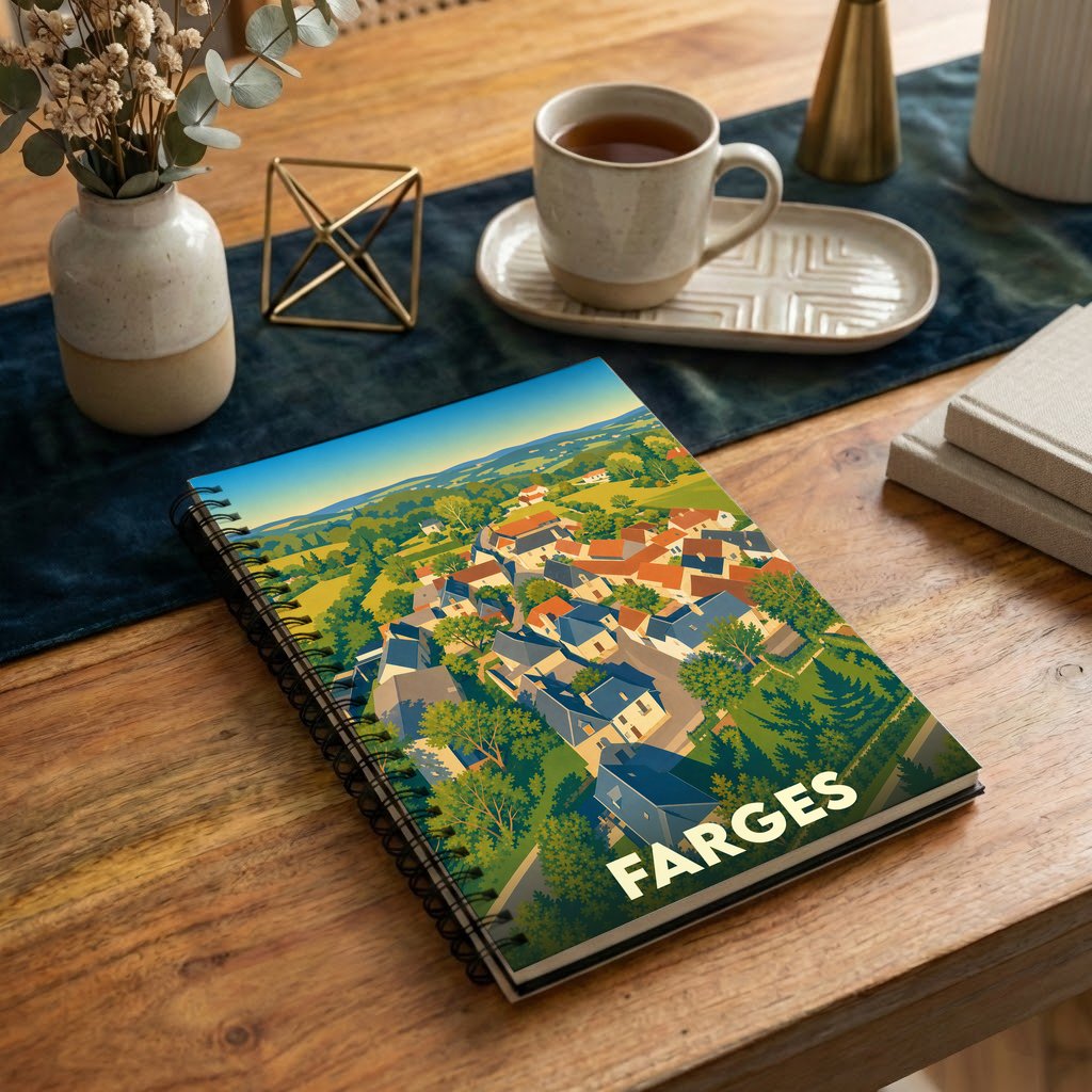 Carnet souvenir de la ville de Farges avec une illustration stylisée et colorée de ses paysages.