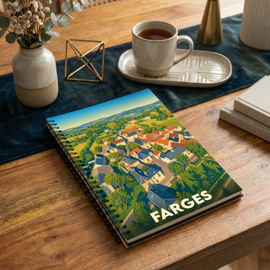 Carnet souvenir de la ville de Farges avec une illustration stylisée et colorée de ses paysages.