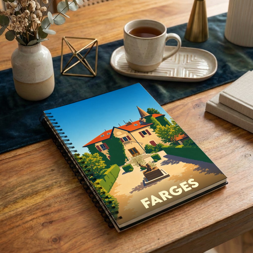 Carnet à spirale souvenir de la ville de Farges avec une illustration stylisée d'une demeure historique.