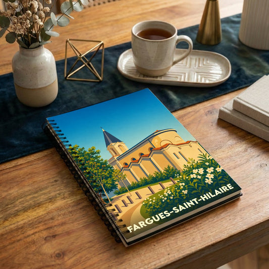 Carnet à spirales souvenir de la ville de Fargues-Saint-Hilaire avec une illustration stylisée de son église.