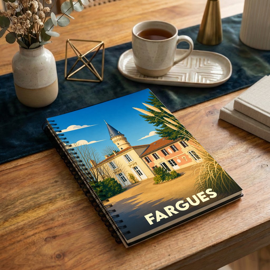 Carnet souvenir de la ville de Fargues avec une illustration stylisée de son château.