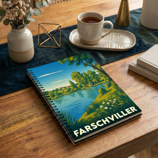 Carnet souvenir de la ville de Farschviller avec une illustration stylisée de paysage lacustre.