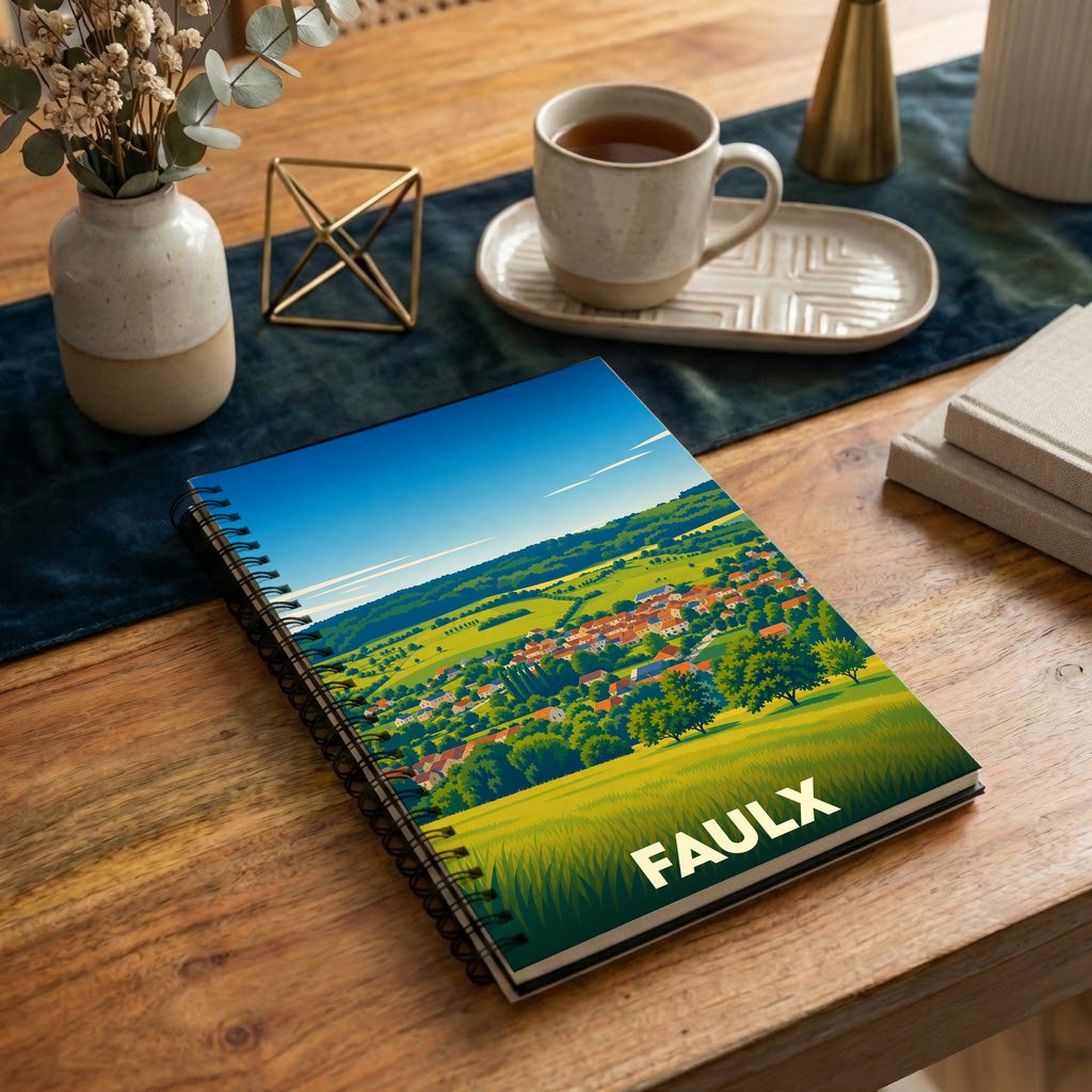 Carnet à spirales souvenir de la ville de Faulx avec une illustration stylisée d'un paysage vallonné.
