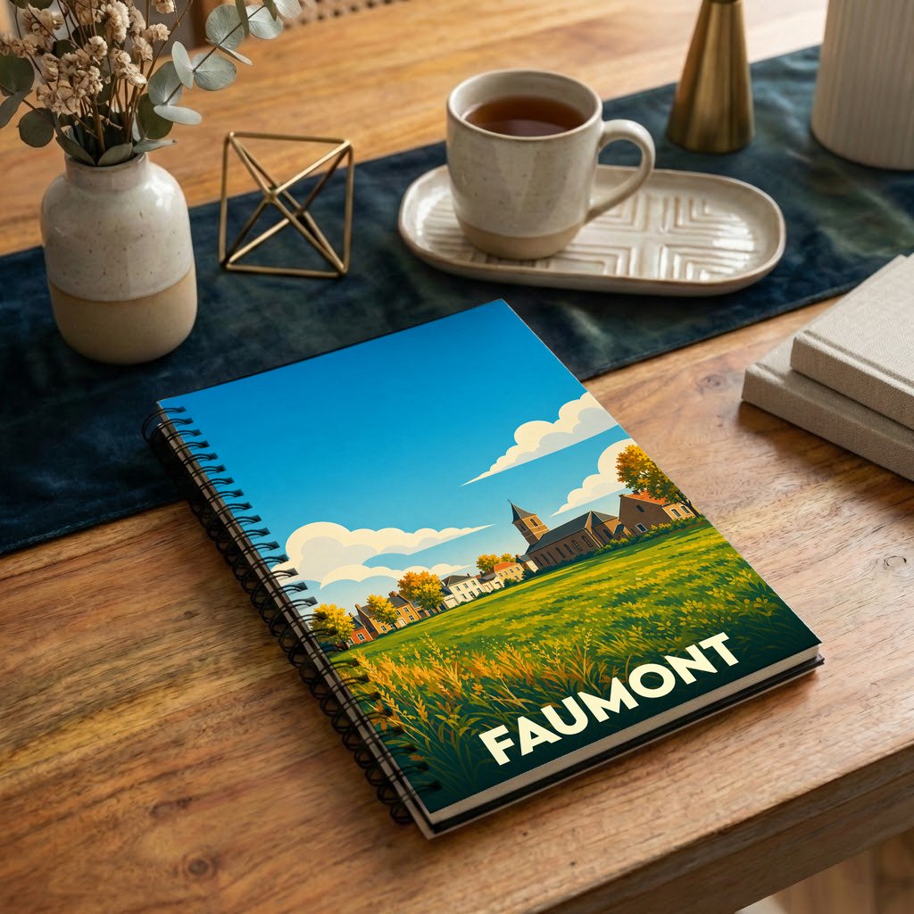 Carnet à spirales souvenir de la ville de Faumont avec une illustration champêtre stylisée.