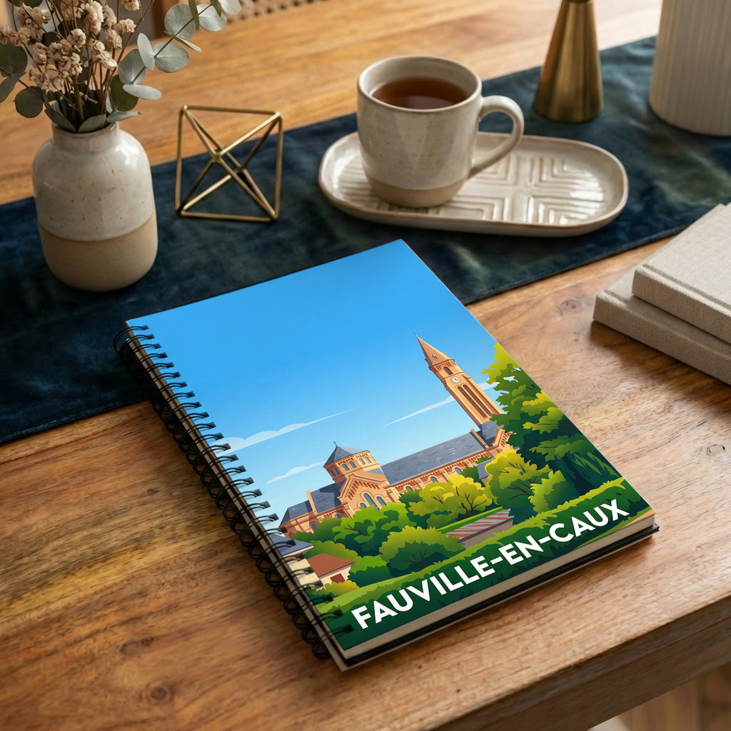 Carnet souvenir de la ville de Fauville-en-Caux avec une illustration stylisée.