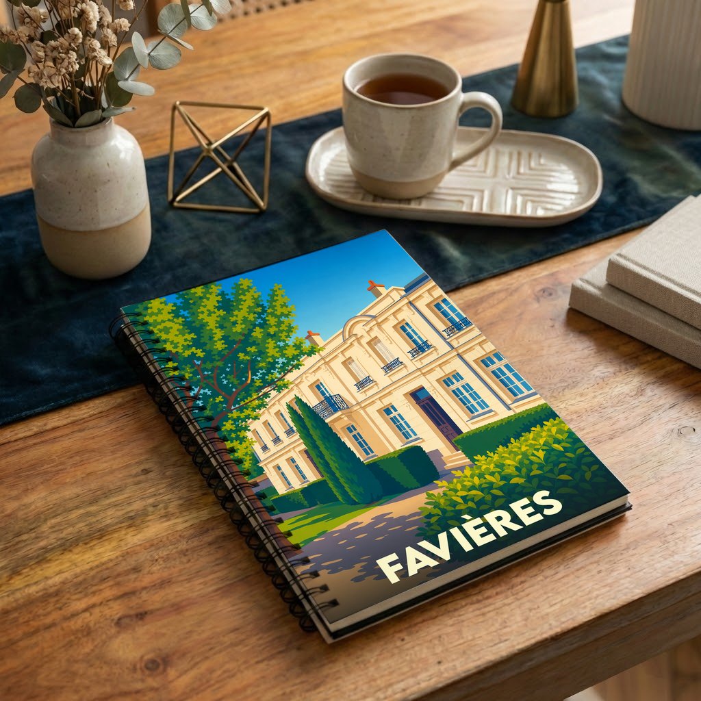 Carnet à spirales souvenir de la ville de Favières avec une illustration stylisée d'une demeure bourgeoise.