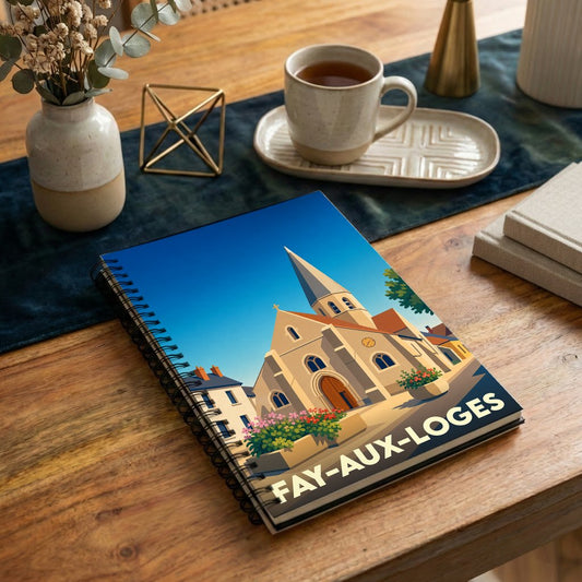 Carnet souvenir de la ville de Fay-aux-Loges avec une illustration stylisée de son église.
