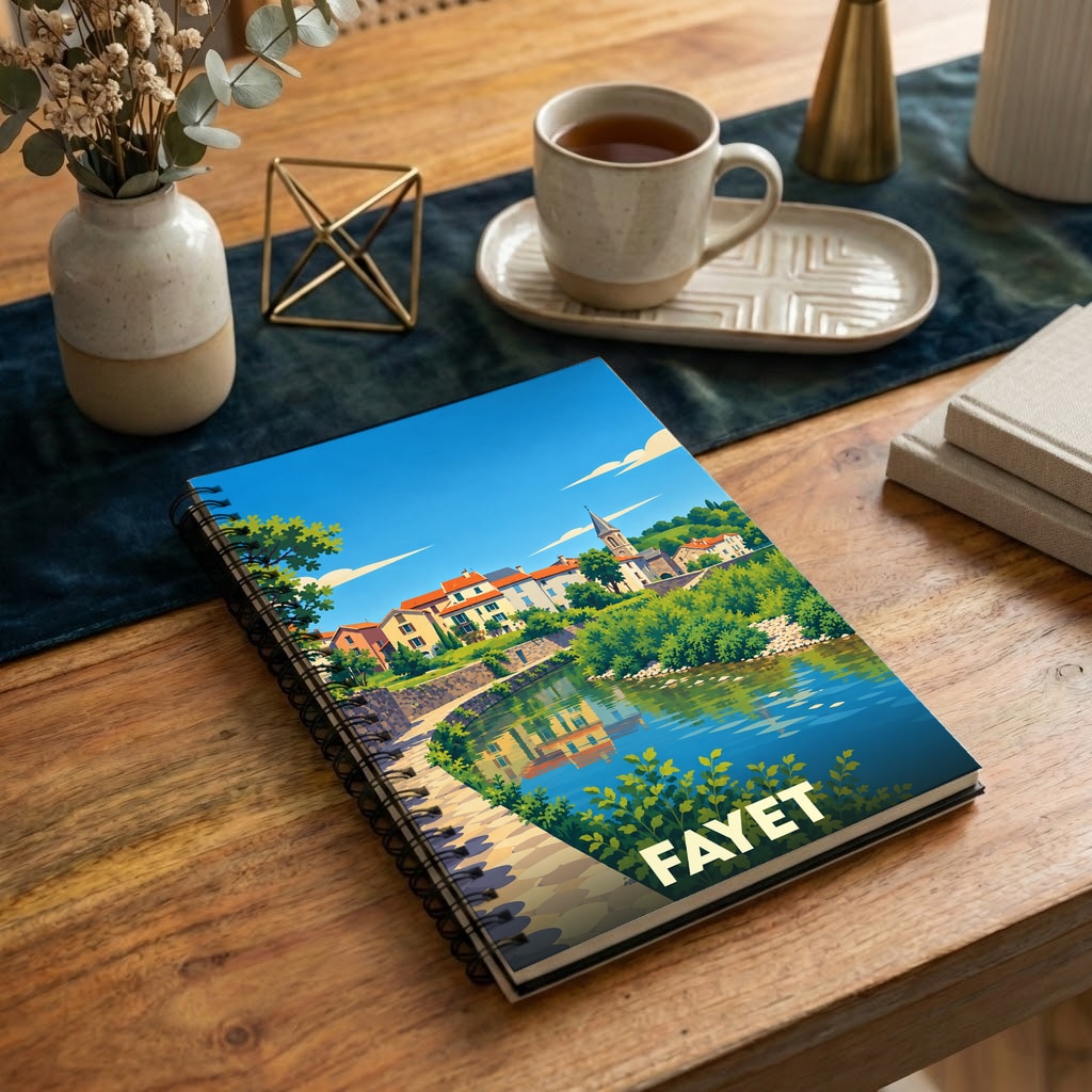 Carnet de notes souvenir de la ville de Fayet avec une illustration stylisée d'un village au bord de l'eau.