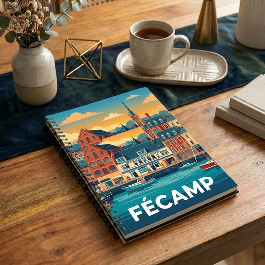 Carnet souvenir de la ville de Fécamp avec une illustration stylisée de son port.