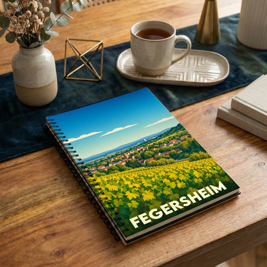 Carnet à spirales souvenir de la ville de Fegersheim avec une illustration stylisée de ses vignobles.