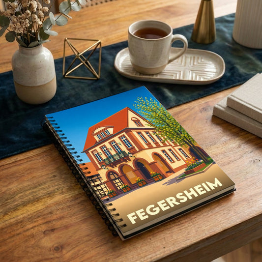 Carnet à spirales souvenir de la ville de Fegersheim avec une illustration stylisée de son architecture.