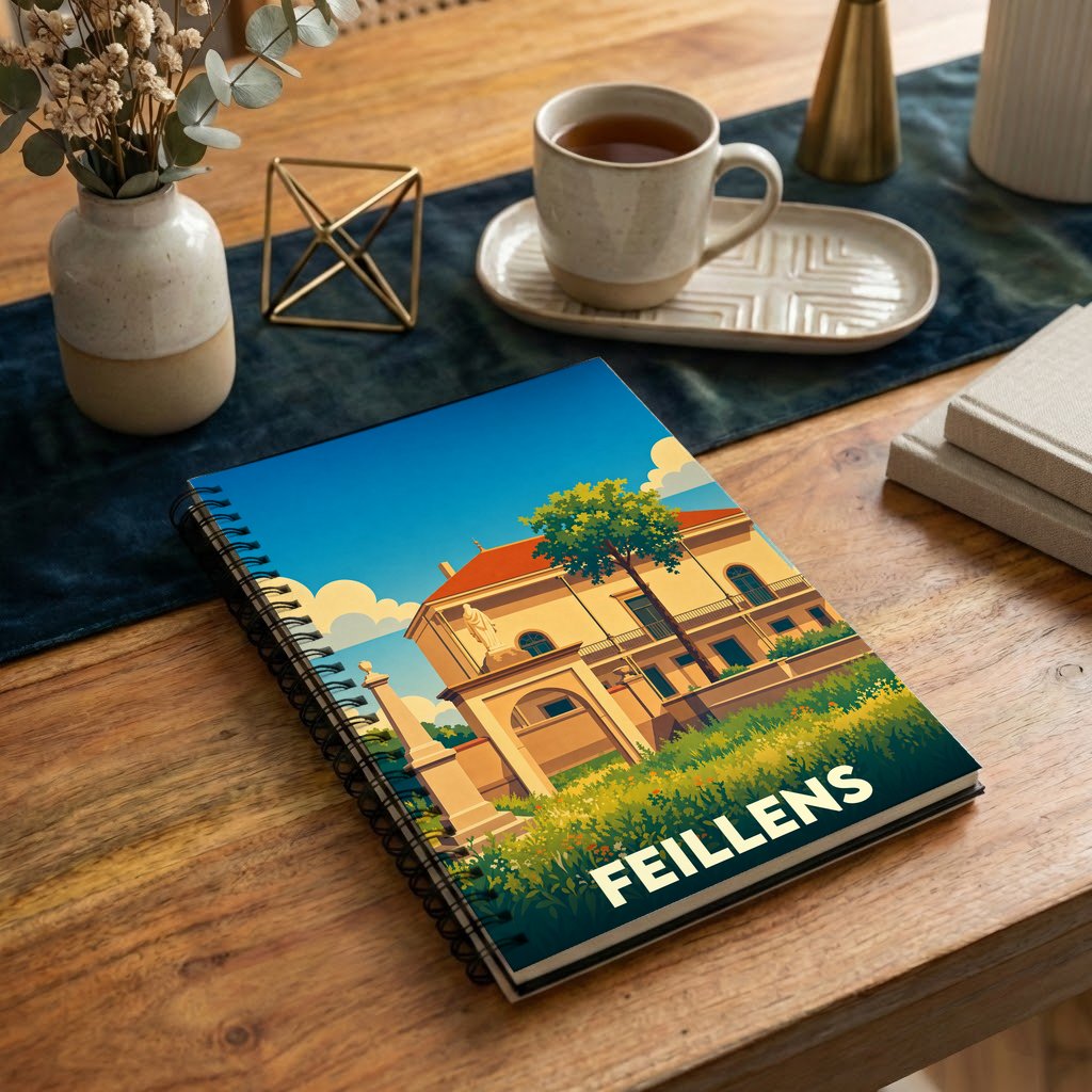 Carnet de notes souvenir de la ville de Feillens avec une illustration stylisée et colorée.