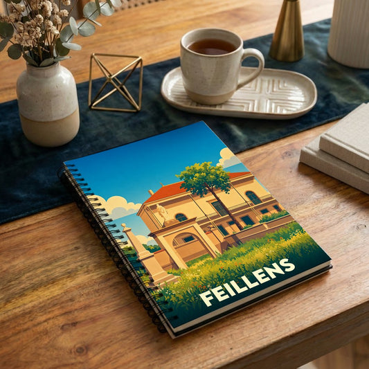 Carnet de notes souvenir de la ville de Feillens avec une illustration stylisée et colorée.