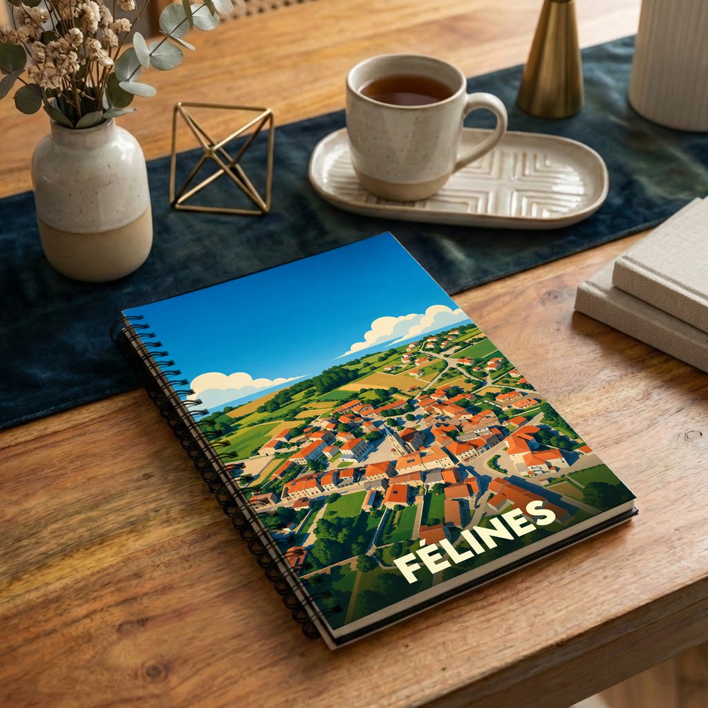 Carnet souvenir de la ville de Félines avec une illustration stylisée en vue aérienne.