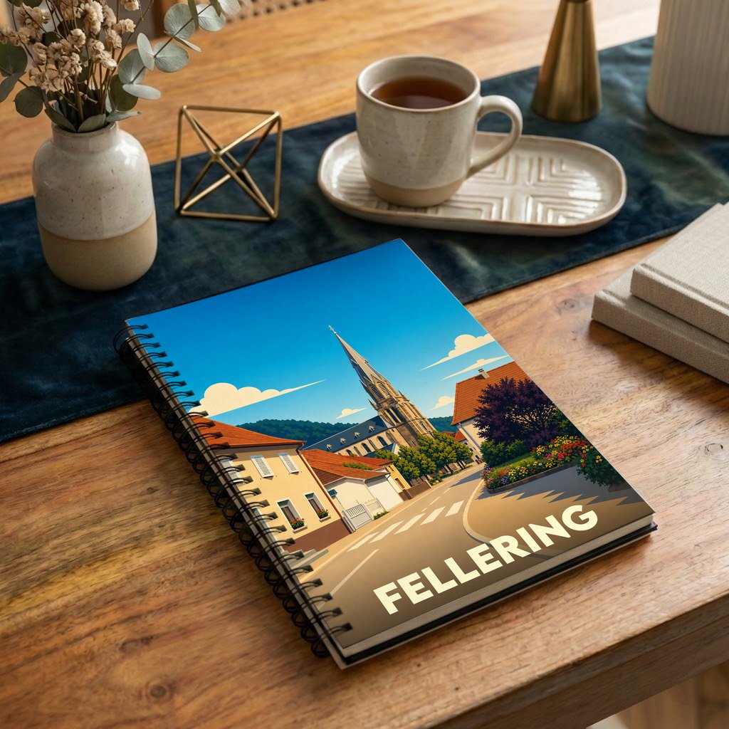 Carnet souvenir de la ville de Fellering avec une illustration stylisée d'un paysage urbain.