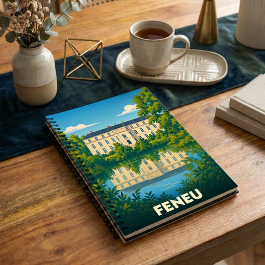 Carnet souvenir de la ville de Feneu avec une illustration stylisée d'un château se reflétant dans l'eau.